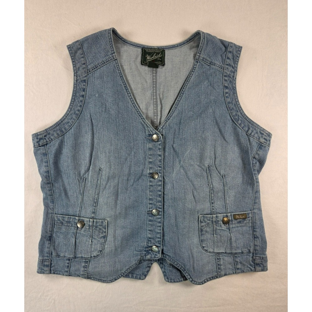 Vintage 90s Woolrich Women Size XL Faded Spell Out Denim Jean Vest Jacket Blue